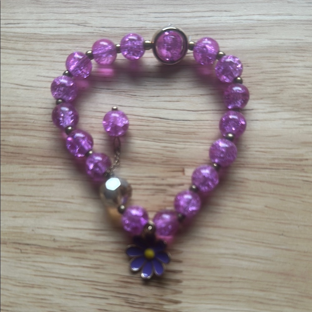 Pink Bead Bracelet with Purple Flower Charm gold accents
